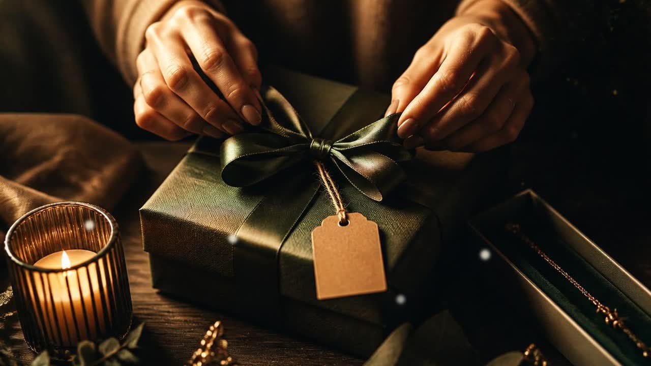 A ribbon being tied on a wrapped gift box with a tag and candlelight