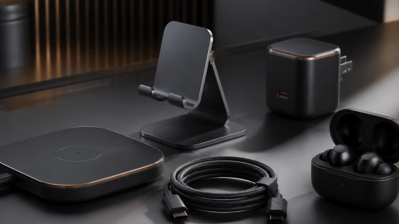 A charging dock, coiled cable, phone stand, adapter and earbuds