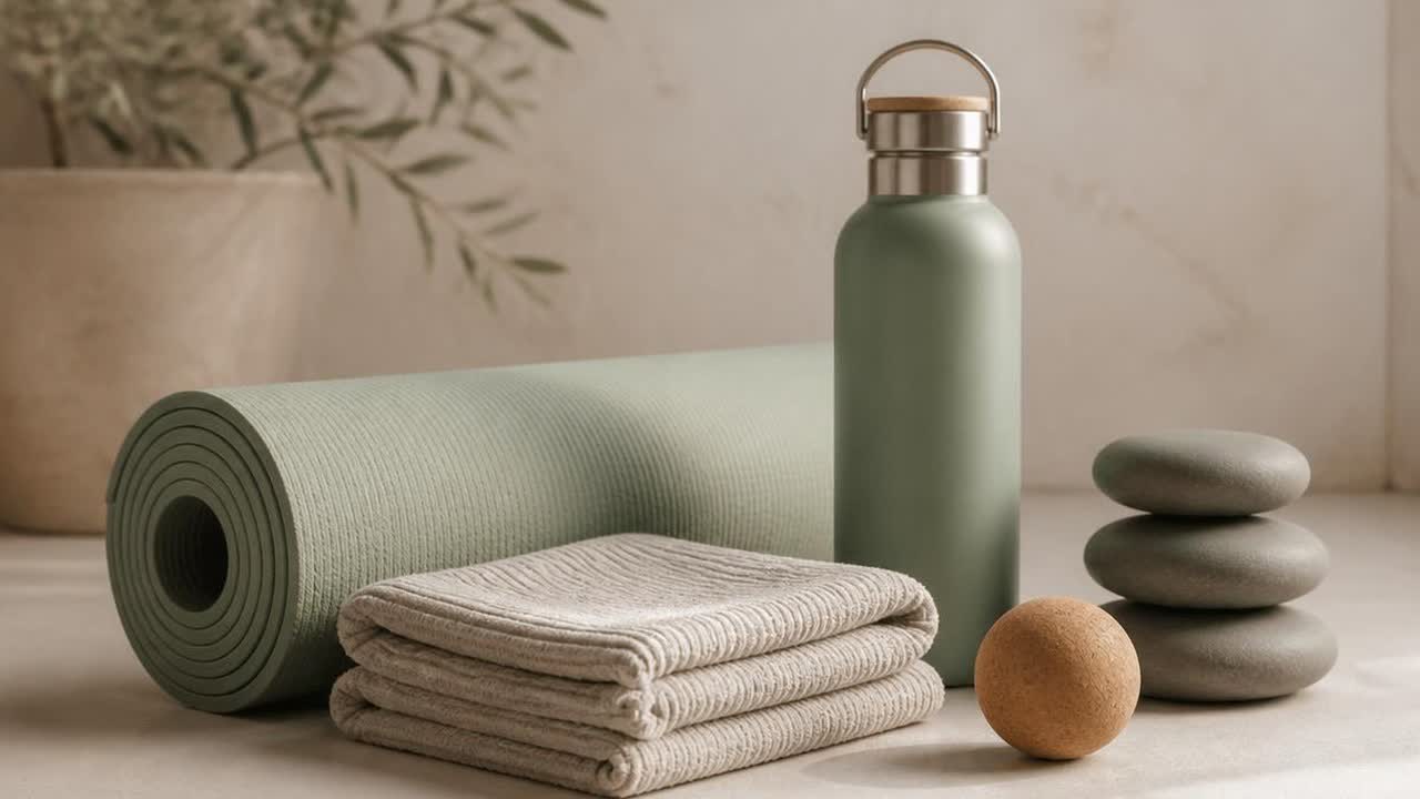 A rolled mat, folded towel, steel bottle and stacked stones